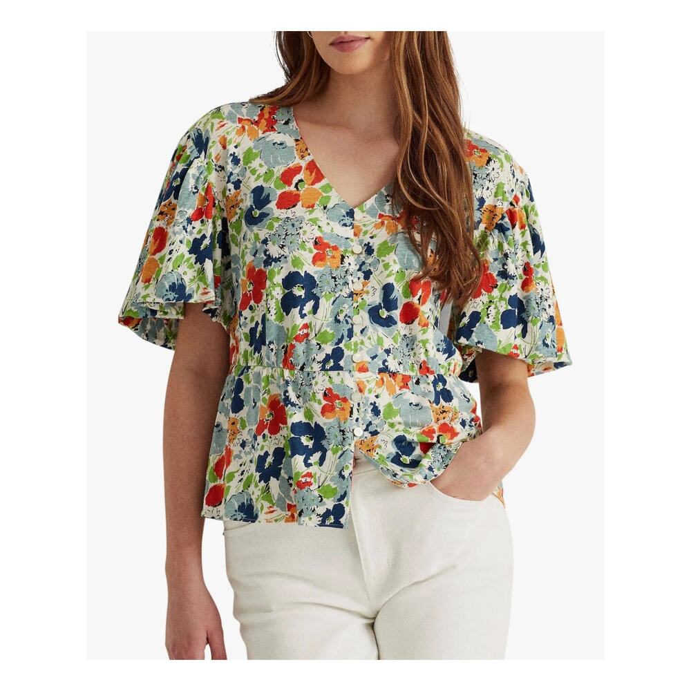 Lauren Ralph Lauren Floral Linen Blend Peplum Top Blouse Shirt M
